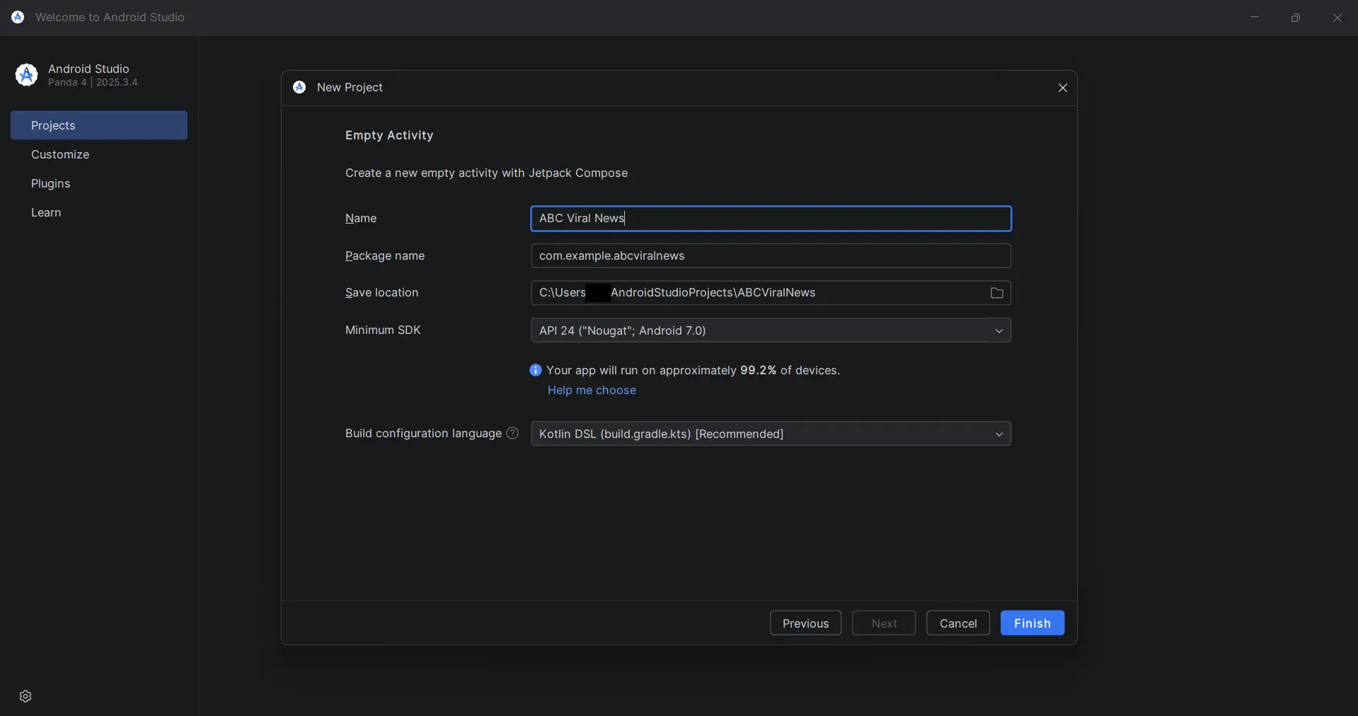 Android Studio New Project Setup screen