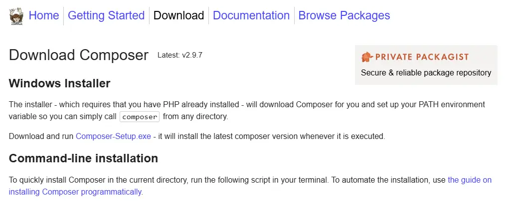 Composer official download page showing installation instructions for Windows