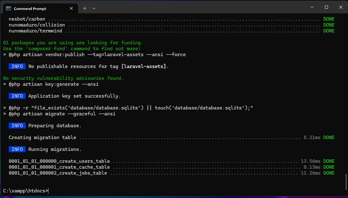 Creating a new Laravel project using Composer in terminal