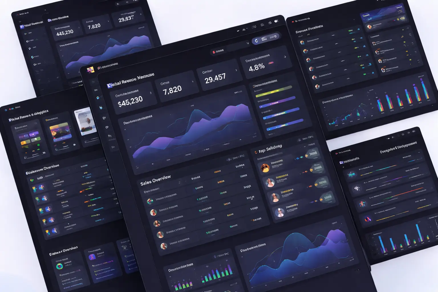 Dark admin dashboard UI with analytics charts and statistics