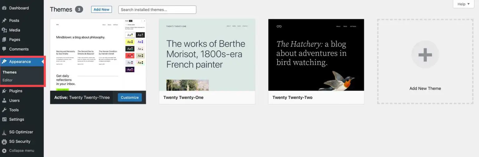 WordPress appearance section to customize themes and menus