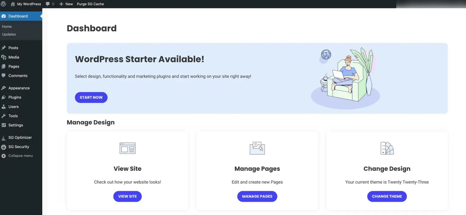 WordPress dashboard overview showing main menu and admin panel