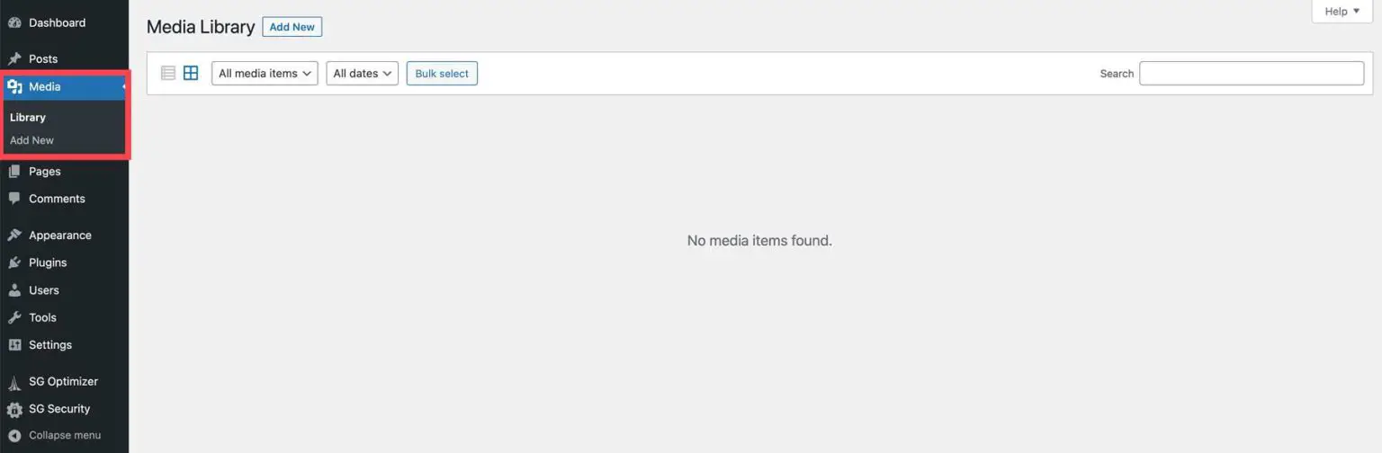 WordPress media library showing uploaded images and files