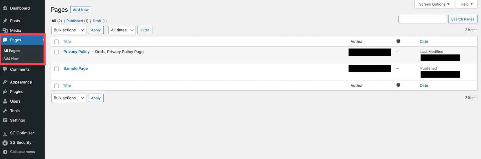 WordPress pages section for creating static pages like about and contact