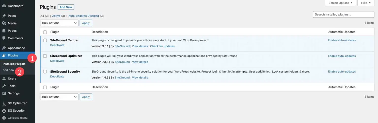 WordPress plugins section to install and manage plugins