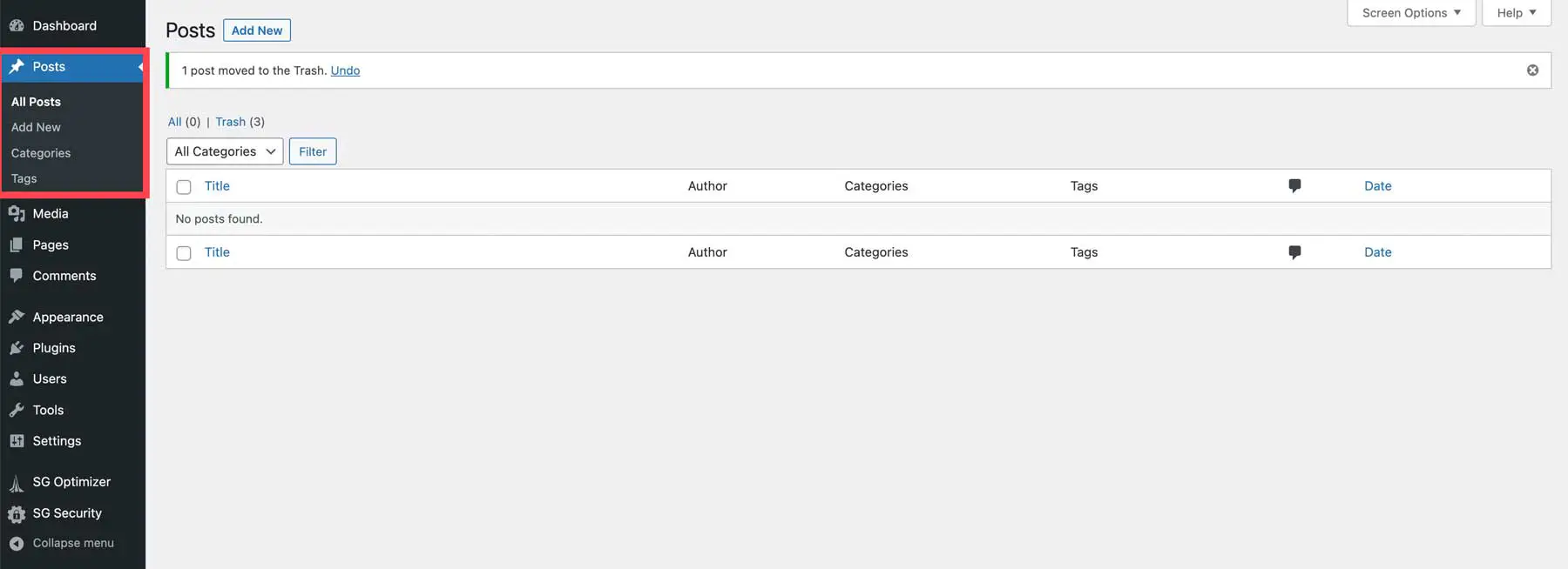 WordPress posts section used to create and manage blog articles