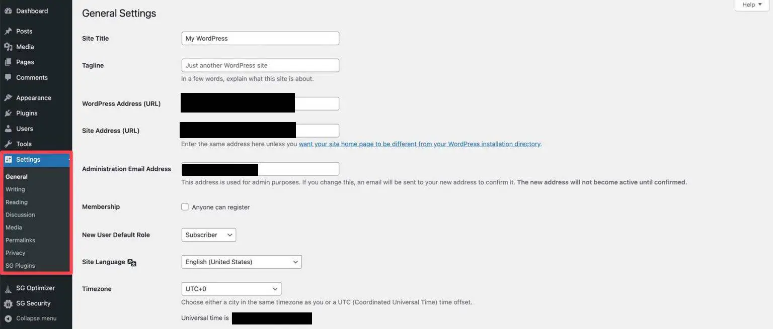 WordPress settings section for site title and configuration
