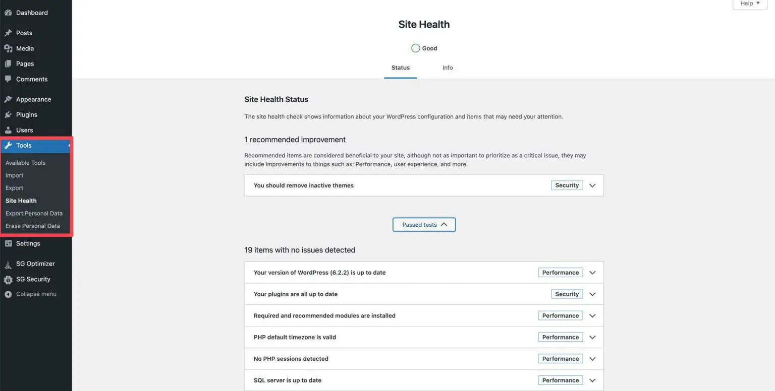 WordPress tools section for import export and site tools