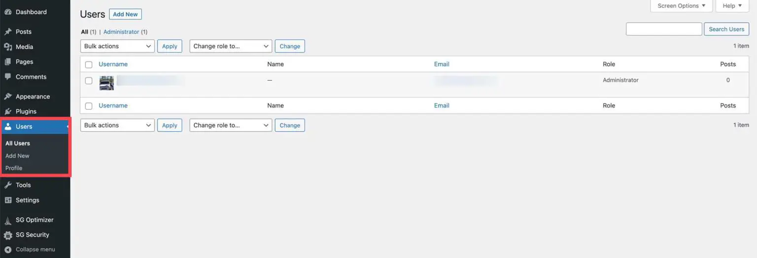 WordPress users section for managing admin and user roles