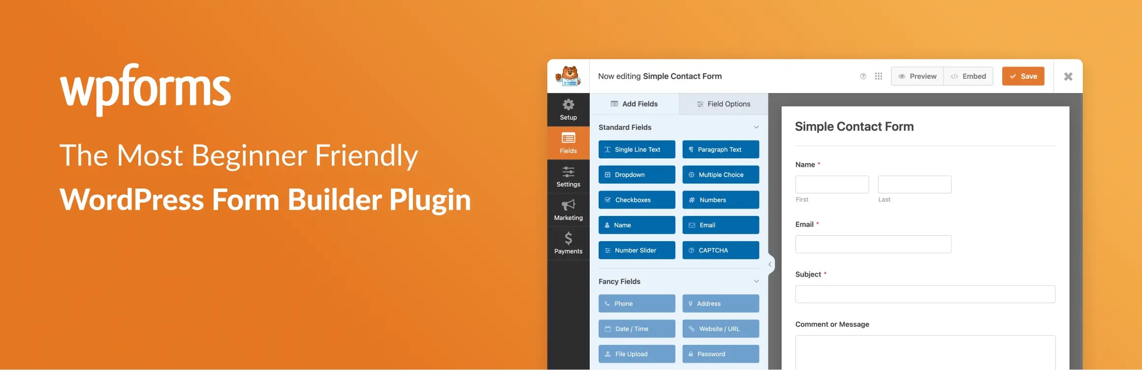 WPForms Lite drag and drop form builder interface in WordPress