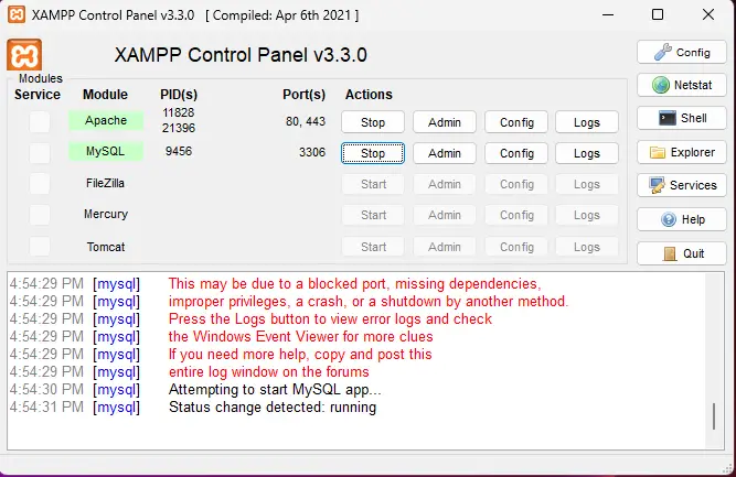 XAMPP control panel with Apache and MySQL modules running successfully