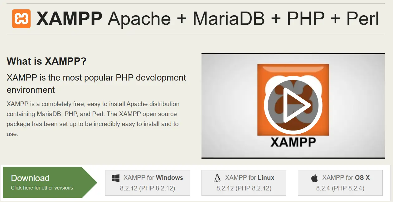 XAMPP official download page showing available versions for installation